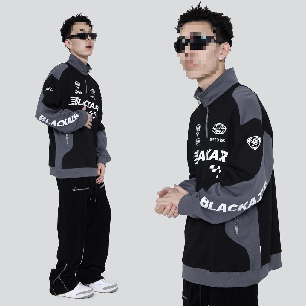Unisex Retro Colorblock Racing Sweatshirt - Spring/Autumn Trendy Half-Zip Motorcycle Jacket.