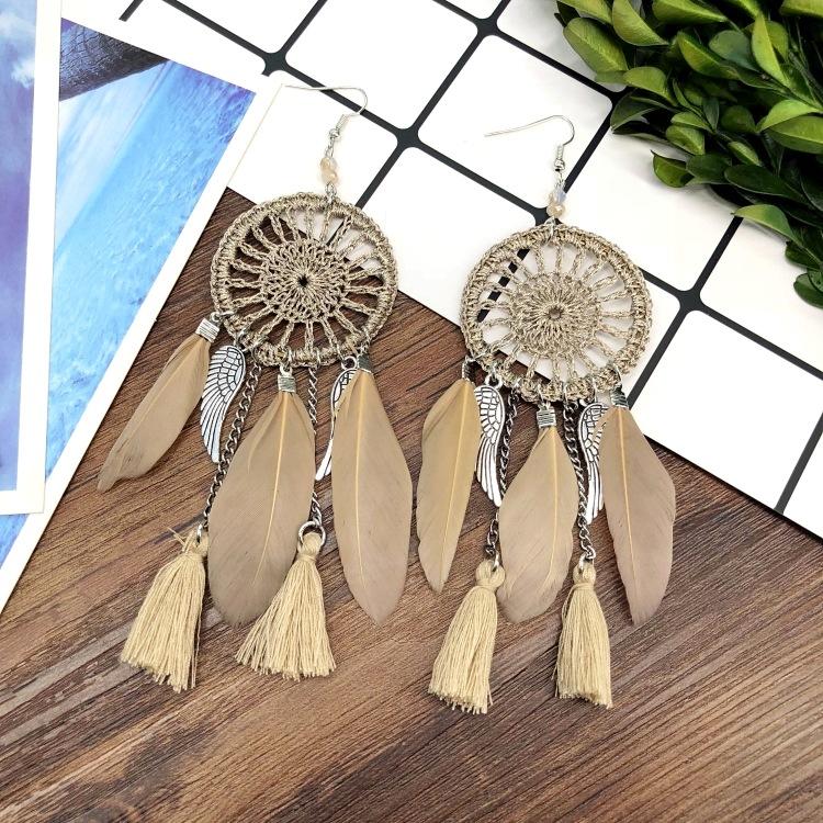 European and Korean Temperament Dream Catcher Element Earrings Female Bohemian Seaside Vacation Feathers Fringed Earrings Versatile Earrings
