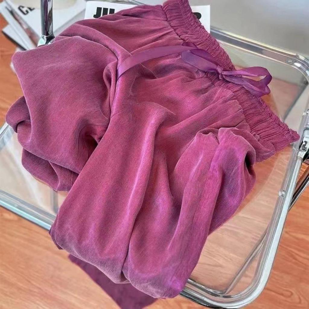 Lila, Eisseide, Satin, Dünn, Weitbeinige Hose, Damen, Gerade, Locker, Freizeithose