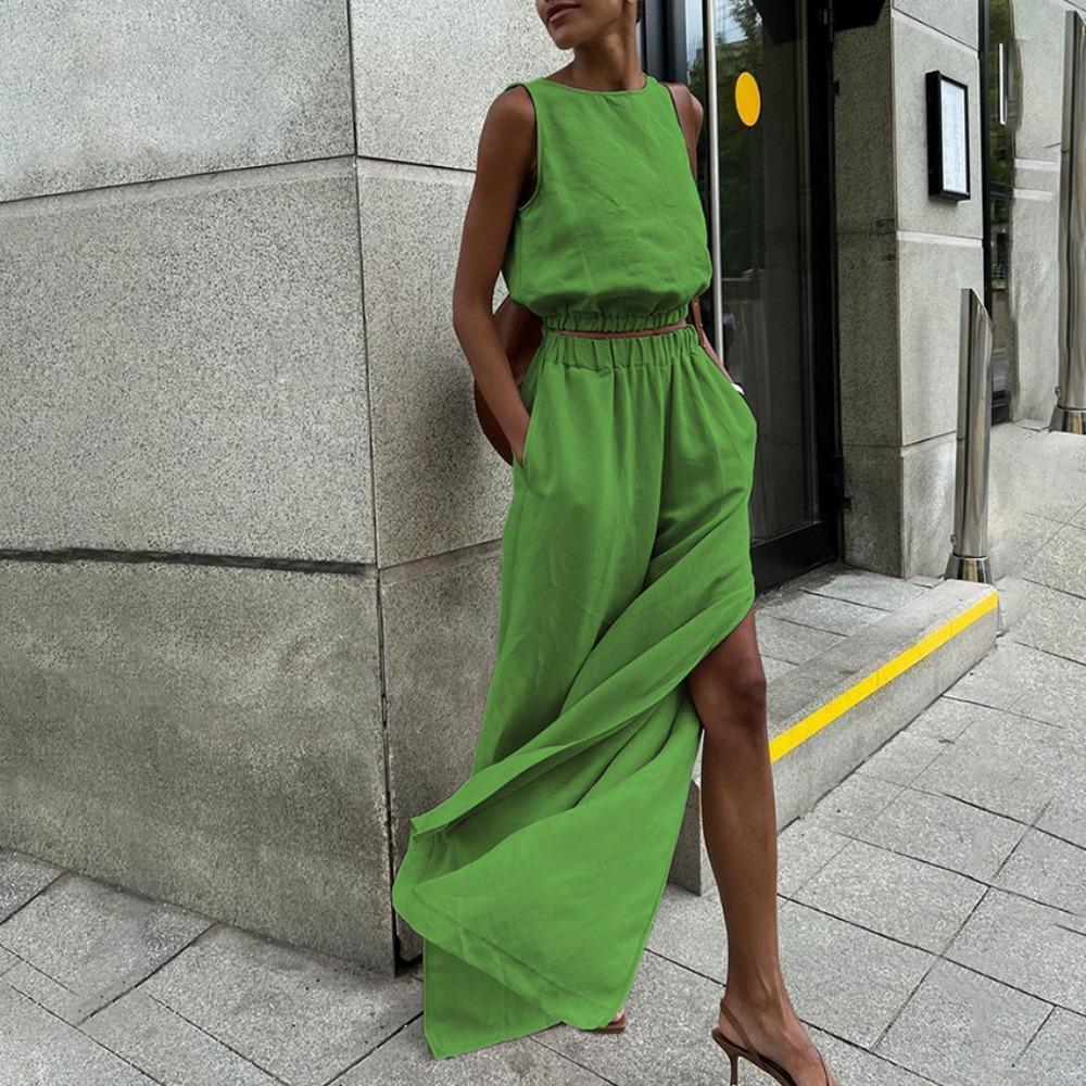 European and American cotton-linen solid color set, spring/summer casual women's vest, slit pants two-piece set