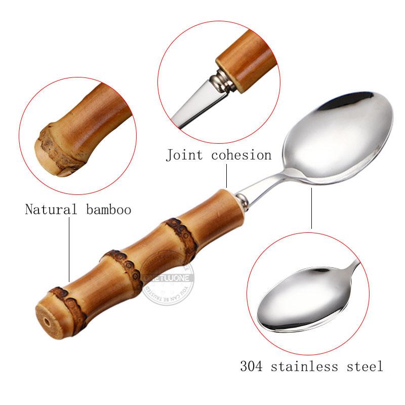 Set de tacâmuri cu mâner din bambus natural, veselă din oțel inoxidabil, tacâmuri de bucătărie, include furculițe, linguri, cuțite și veselă