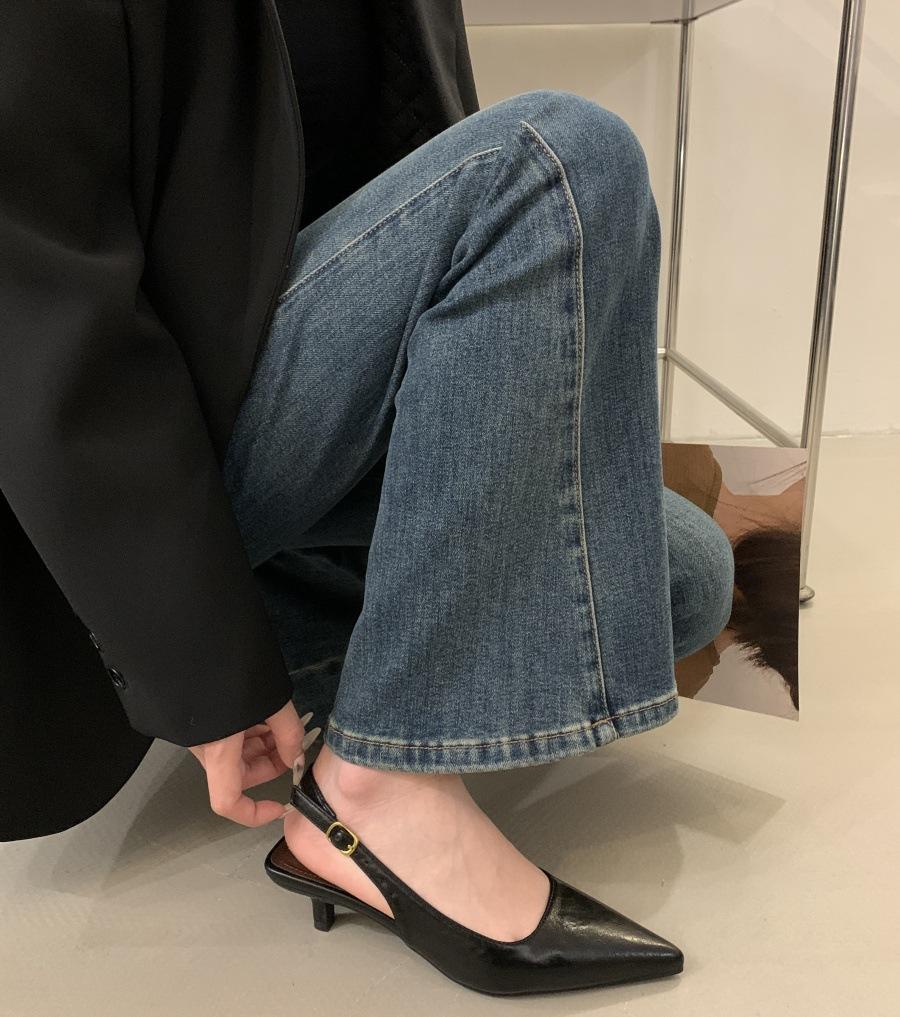 2025 spring and summer new women's shoes shallow mouth bag head thin heel empty sandals European and American medium and low heel shoes versatile bl