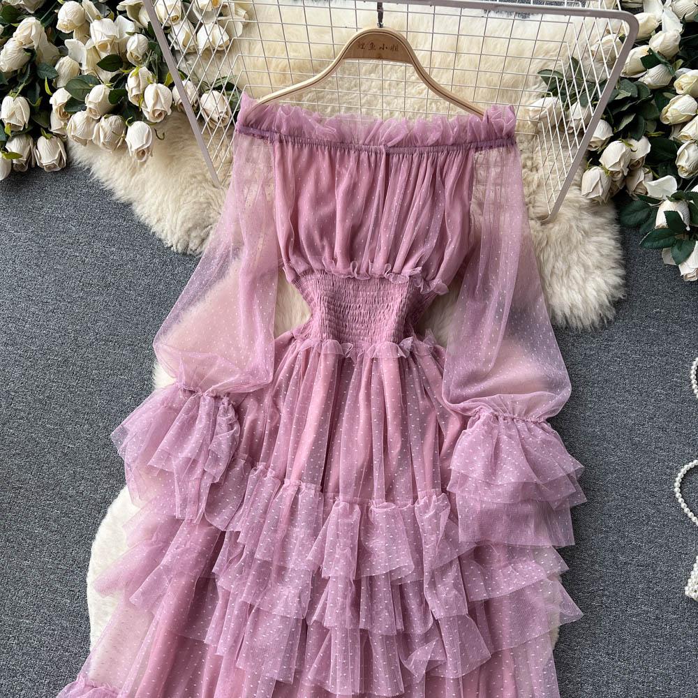 French Fashion Mesh Party Long Dress Women Ruffle Long Sleeve Slash Neck Elastic Waist Ladies Summer Elegant A Line Dresses