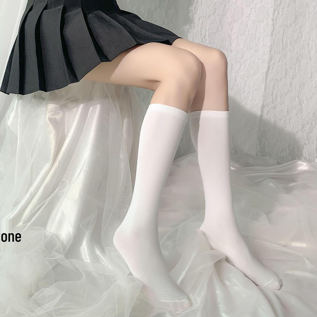 Japanese Style Black & White Striped Cotton Thigh-High Socks - Over-the-Knee, Student-Style