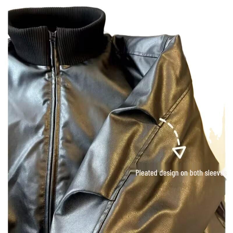 American Style Men's Casual Baseball Jacket - PU Leather, Thick Cotton Padded