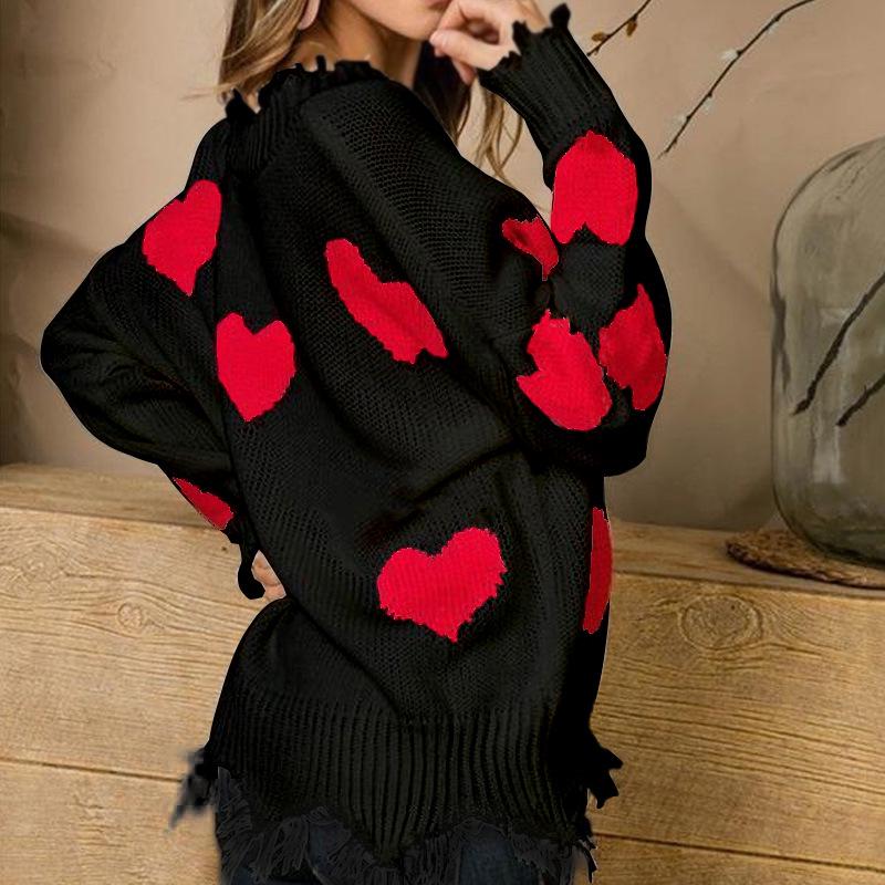Women's Autumn and Winter Loose Pullover Love Patchwork V-neck Knit Sweater