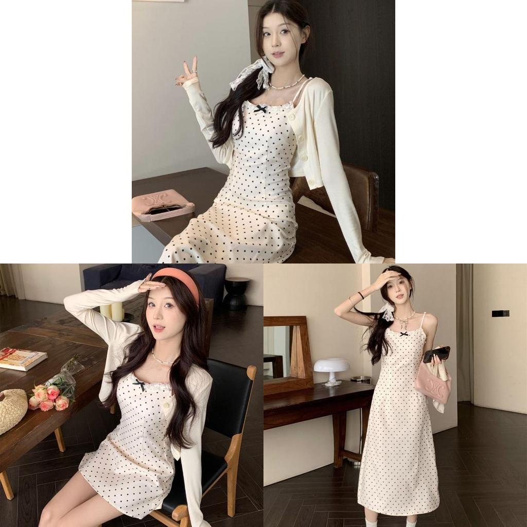 Elegant Korean Polka Dot Cami Dress With Ribbon Bow For Spring Casual Wear