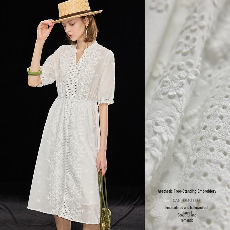 Wudao Summer 100% Cotton Embroidery V-Neck A-Line Dress S