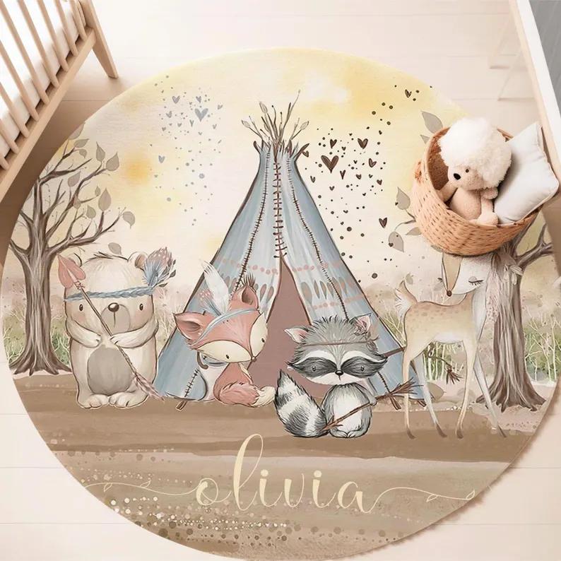 Boho Safari Animal Round Rug Autumn Forest Friends Floor Mat  Non-slip Carpet Wild Jungle Kids Room Decor Ethnic Baby Gift