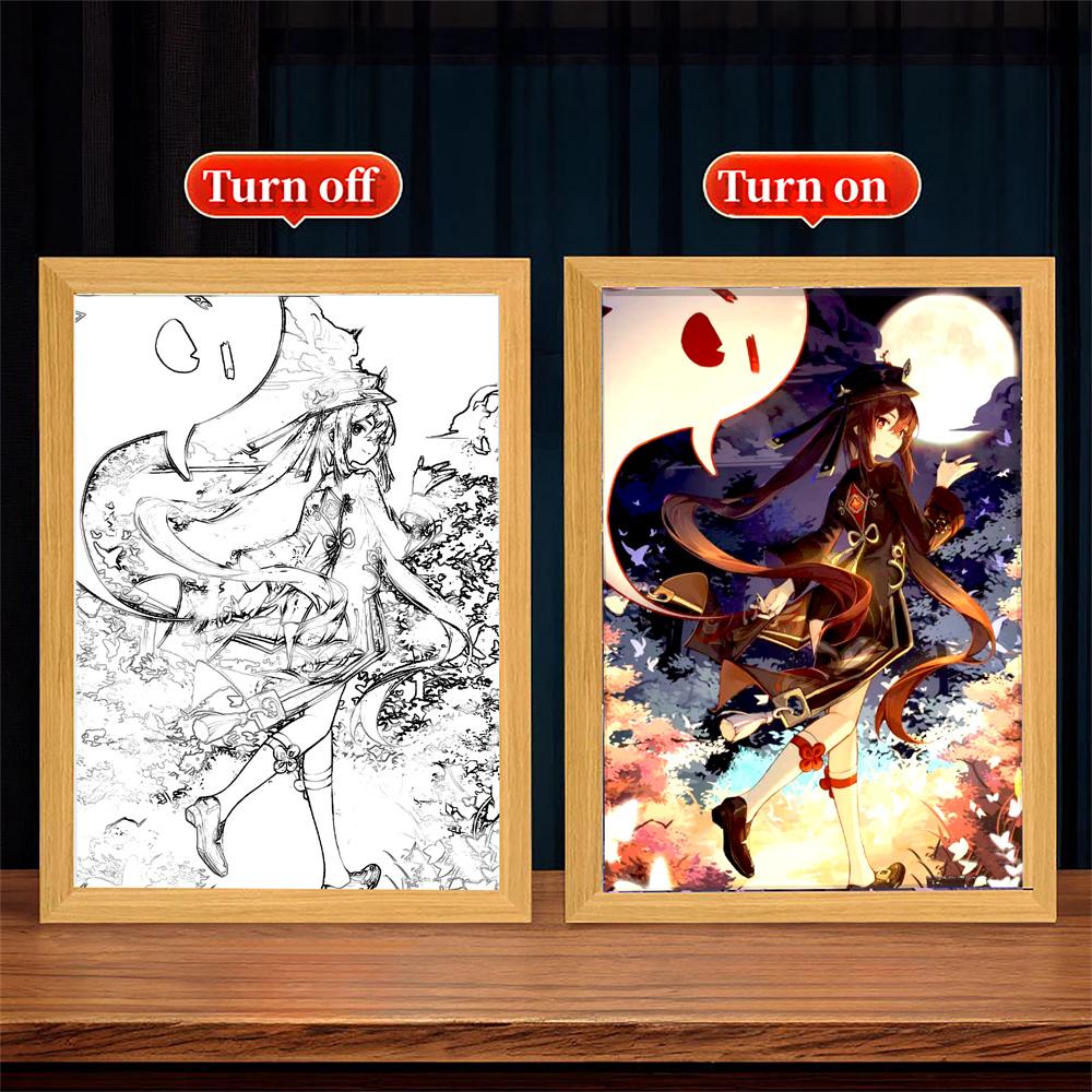 Anime Figure Genshin Impact Light Painting Photo Frame  Raiden Shogun Action Led Night Light Room Decor Christmas Gift Moon Lamp