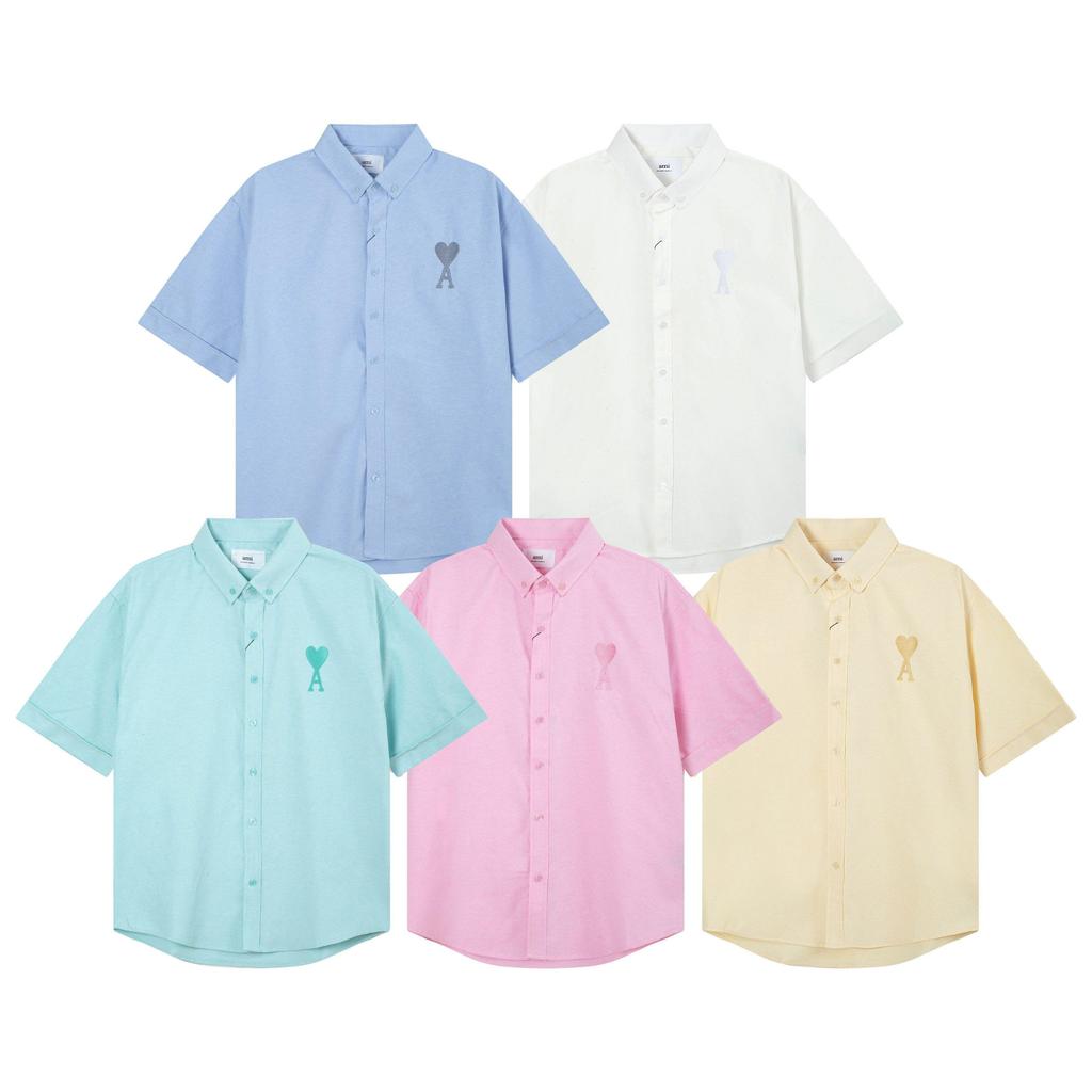 AMI Men's Classic Autumn Chest Same Color Heart Embroidered Casual Cotton Solid Color Short Sleeved Shirt