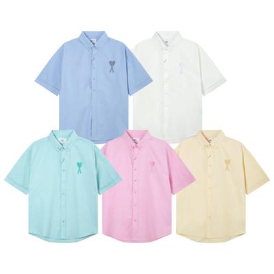AMI Men's Classic Autumn Chest Same Color Heart Embroidered Casual Cotton Solid Color Short Sleeved Shirt