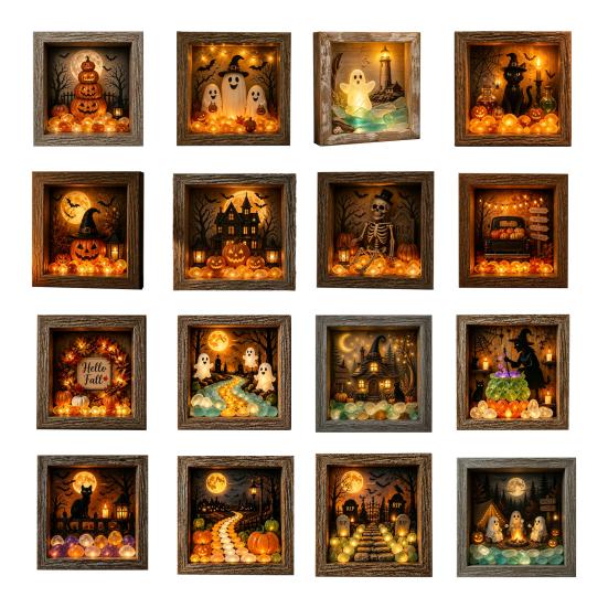 Unique Halloween Gifts Lighted Frame Ornaments, Light Up Shadow Box, Warm Small Figures Atmosphere LED Lights for Home Living Room Bedroom Decor
