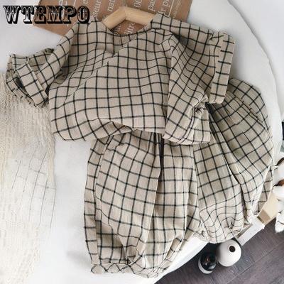 Precioso traje a cuadros de algodón y lino para niños, conjunto de dos piezas de camisa holgada de manga corta y pantalones cortos de verano para niños y niñas