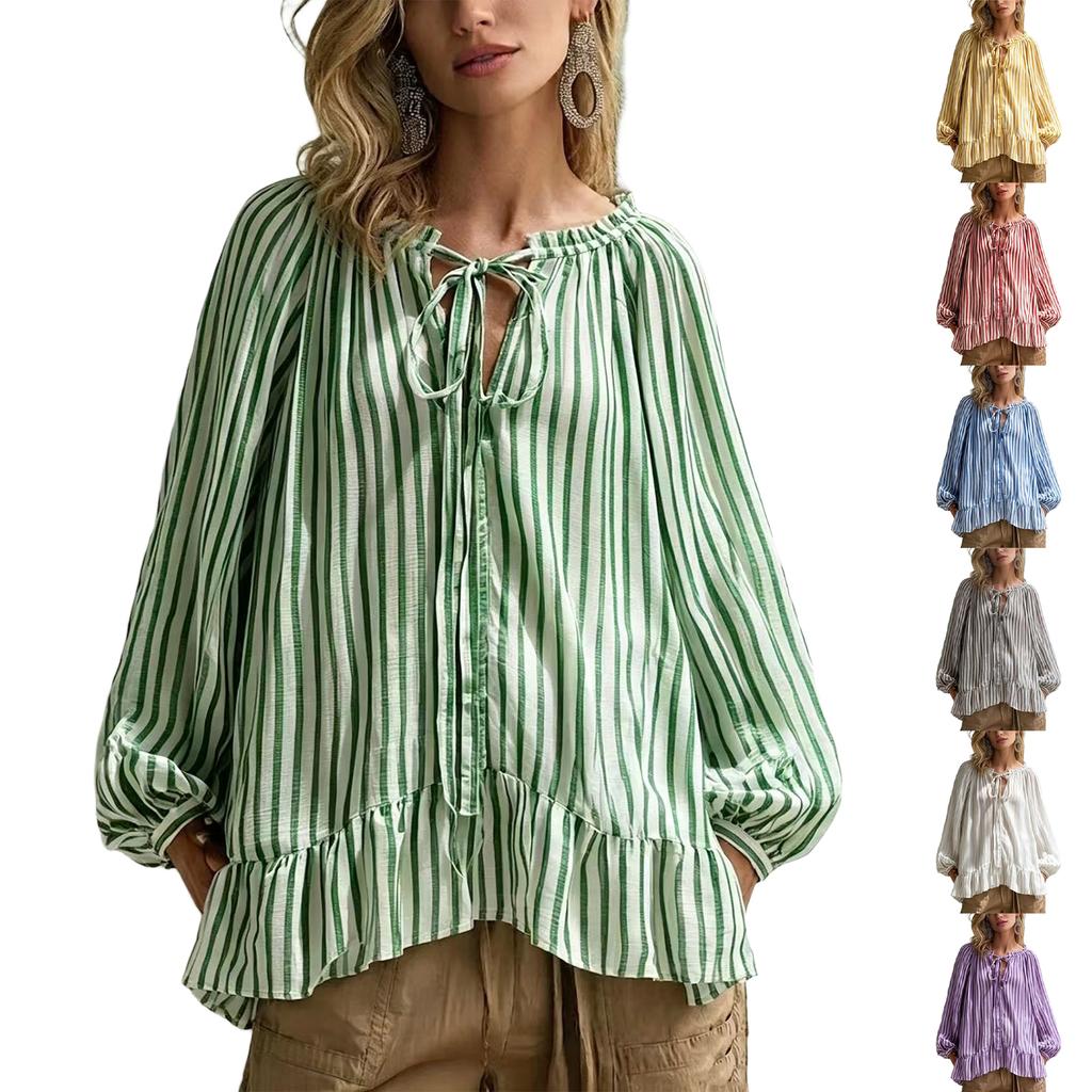 Women's Casual Loose Fit Striped Long Sleeve Round Neck Self-Tie Blouse