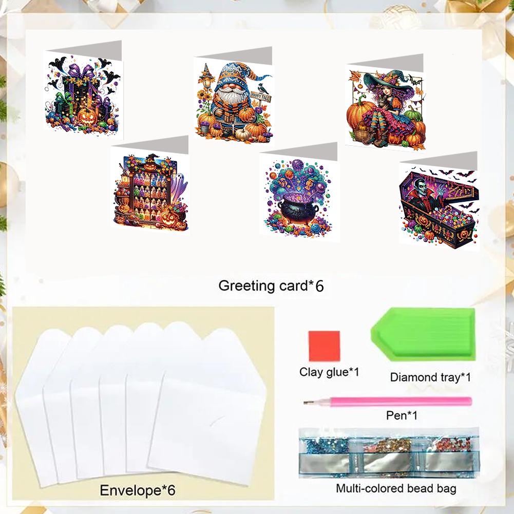 6PCS DIY Diamond Painting Greeting Card Set Halloween Designs Rhinestone Diamond Art Mosaic Postcards for Halloween and Holidays