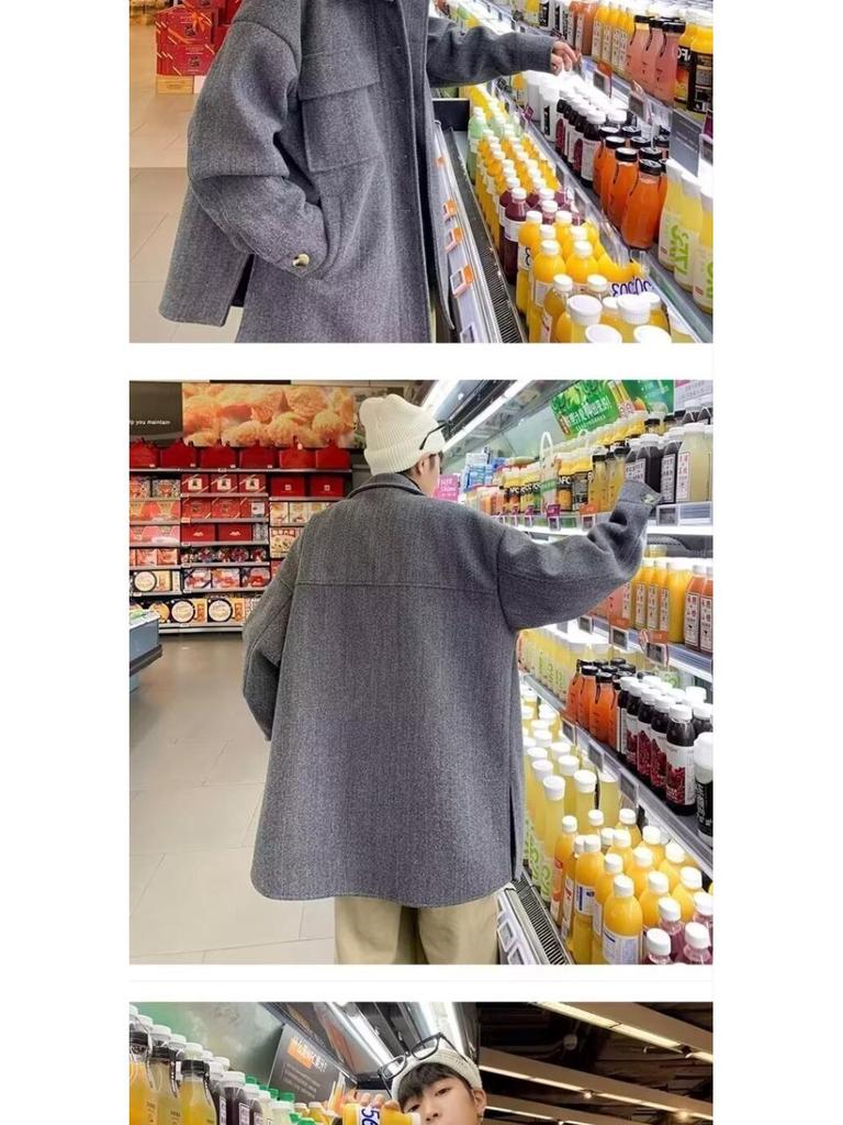 Men's Mid-Length Woolen Coat: Casual, Trendy, Oversized High-End Winter and Autumn Windbreaker.