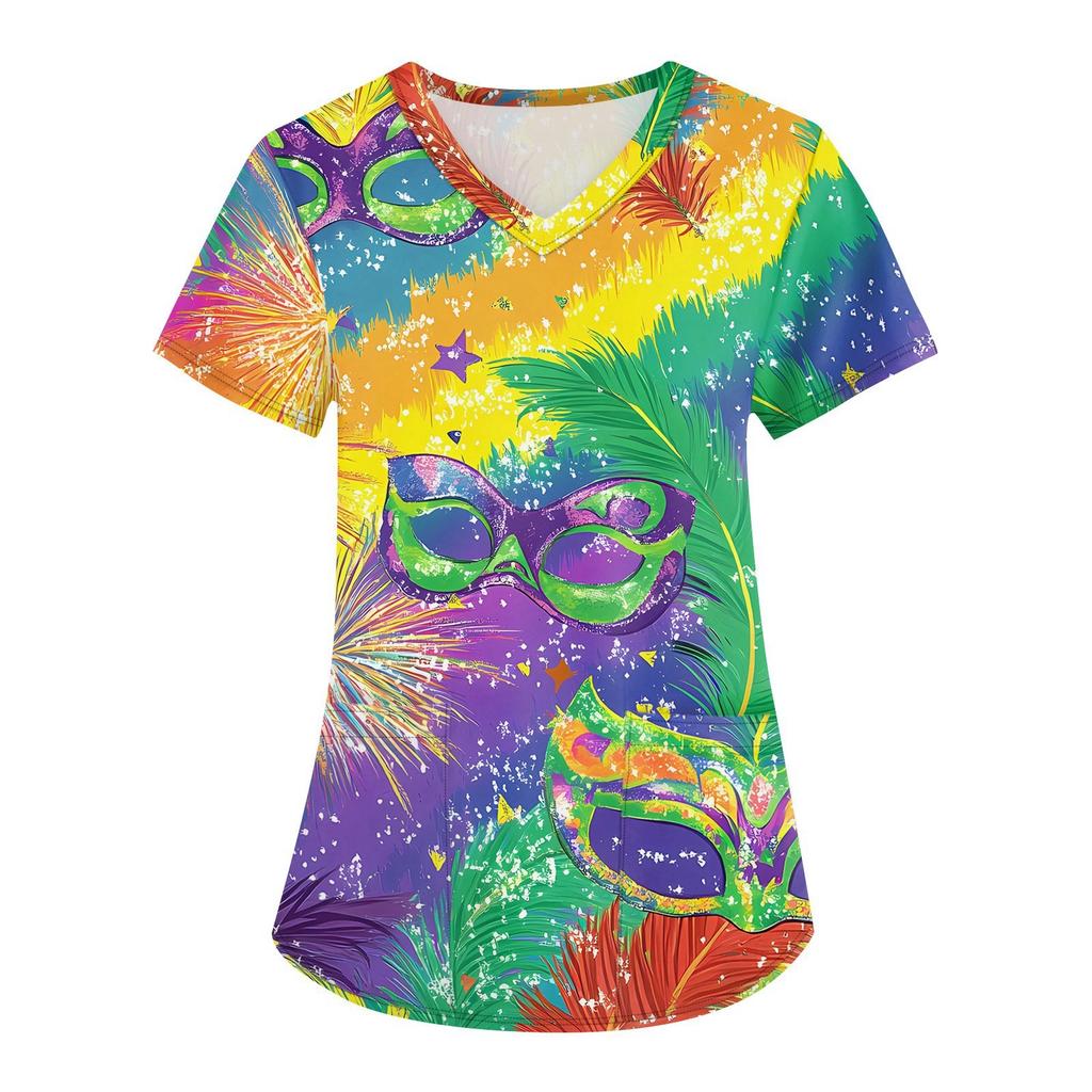 Módní dámské pracovní oděvy s výstřihem do V a krátkým rukávem s kapsami