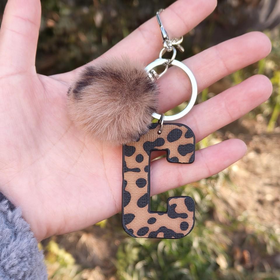 Western Cowboy Leopard Print Leather Keychain with Plush Ball Accessory Cowboy I