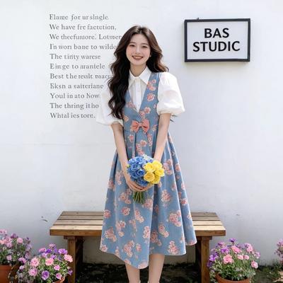 Hepburn Style French Sweet Floral Strap Dress Set Female Design Sense Niche Japanese Foreign Style Two-piece Set