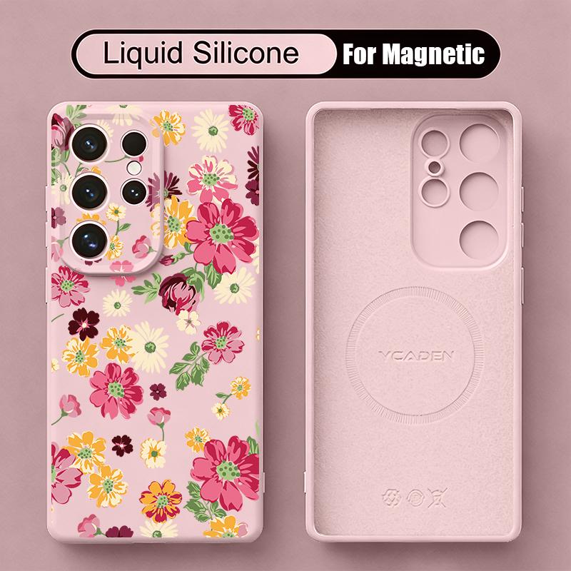 INS Colorful Floral Case For Samsung Galaxy S26 S25 Ultra S24 Plus S23 S22 Ultra Magnetic For Magsafe Liquid Silicone Cover