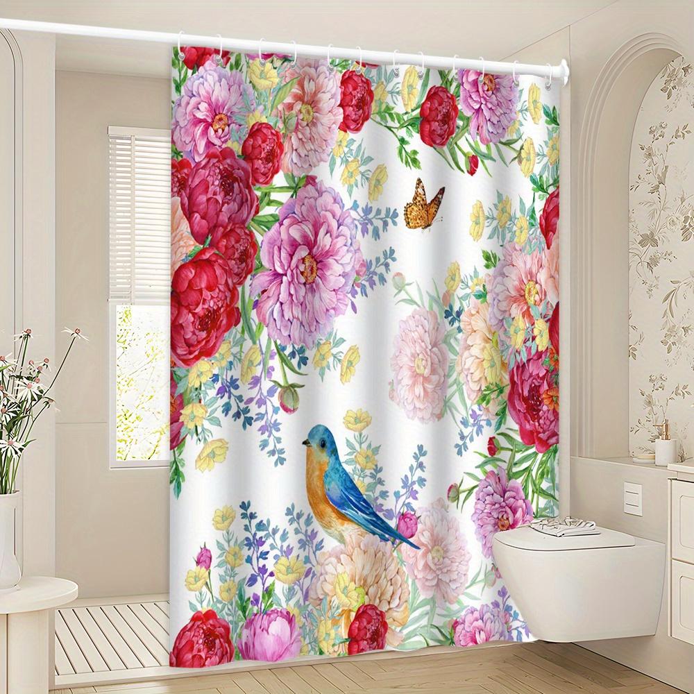 Charming Floral Shower Curtain - Vibrant Peony & Bluebird Theme for Bathroom Decor, Adds Beauty and Nature's Touch