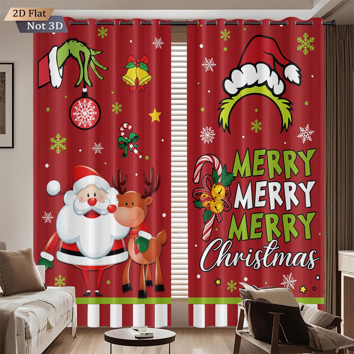 

Set Of 2 Merry Christmas Santa Claus Print Perforated Curtains Multi Size Living Room Insulation Holiday Decoration Curtain With Light Blocking W100*H70(CM)-Grommet top&1PCS