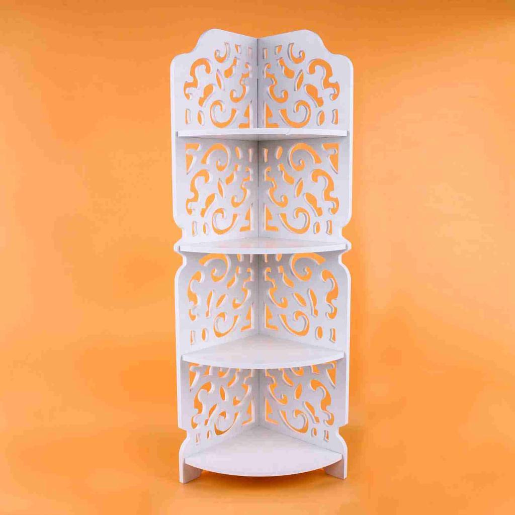 White Hollow Carved 4 Tier Corner Shelf Bookcase Display Cosmetic Storage Bathroom Shelving