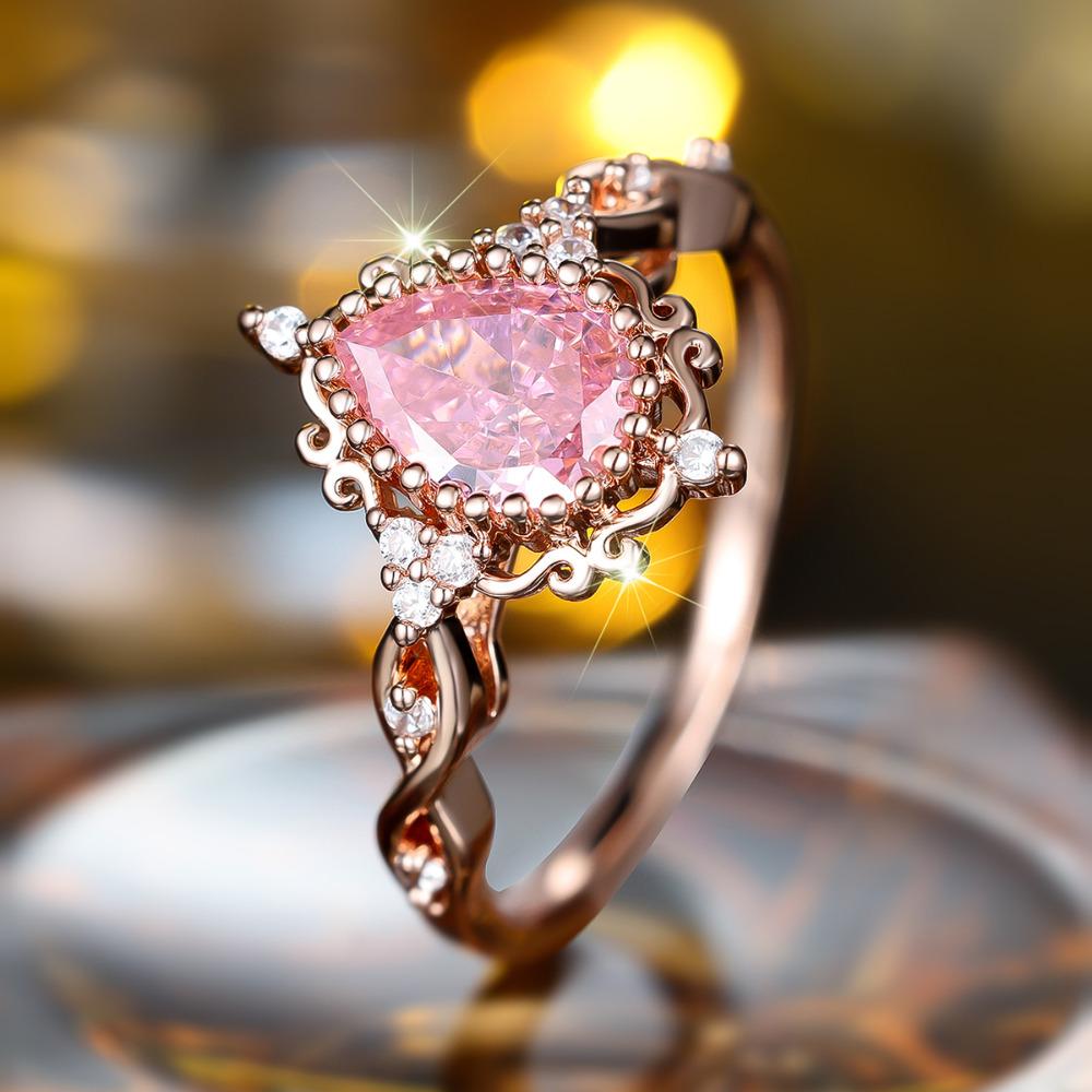Exquisite Prinzessin Rosa Wassertropfen Zirkon Ringe für Damen Luxus Roségold Farbe Hochzeitsparty Fingerring Schmuck Geschenk
