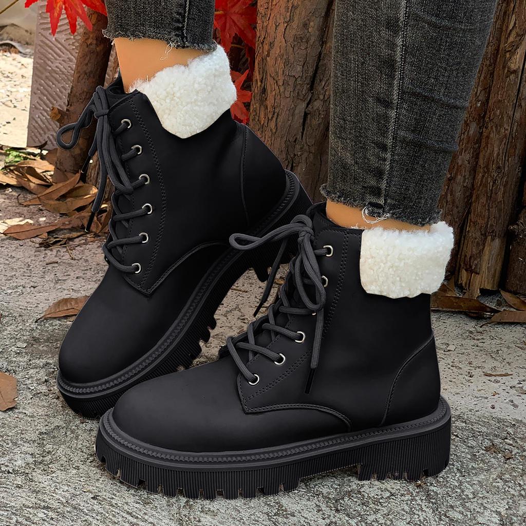 Fashion Women Ankle Boots Autumn Winter PU Leather Platform Shoes Female Anti-Slip Warm Fleece Lined Thicken Casual Snow Boots
