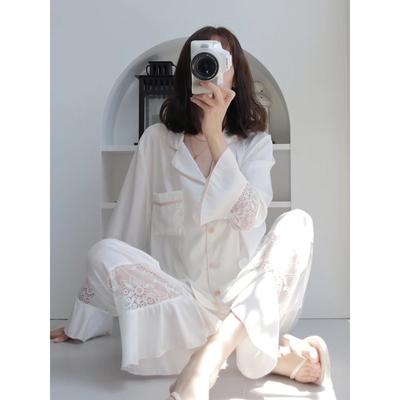 Spitzen-Pyjama-Set aus hohler Eisseide, Frühling und Herbst, Damen, neues Satin-Imitat, High-End-Spitzen-Home-Set, sexy Pyjama