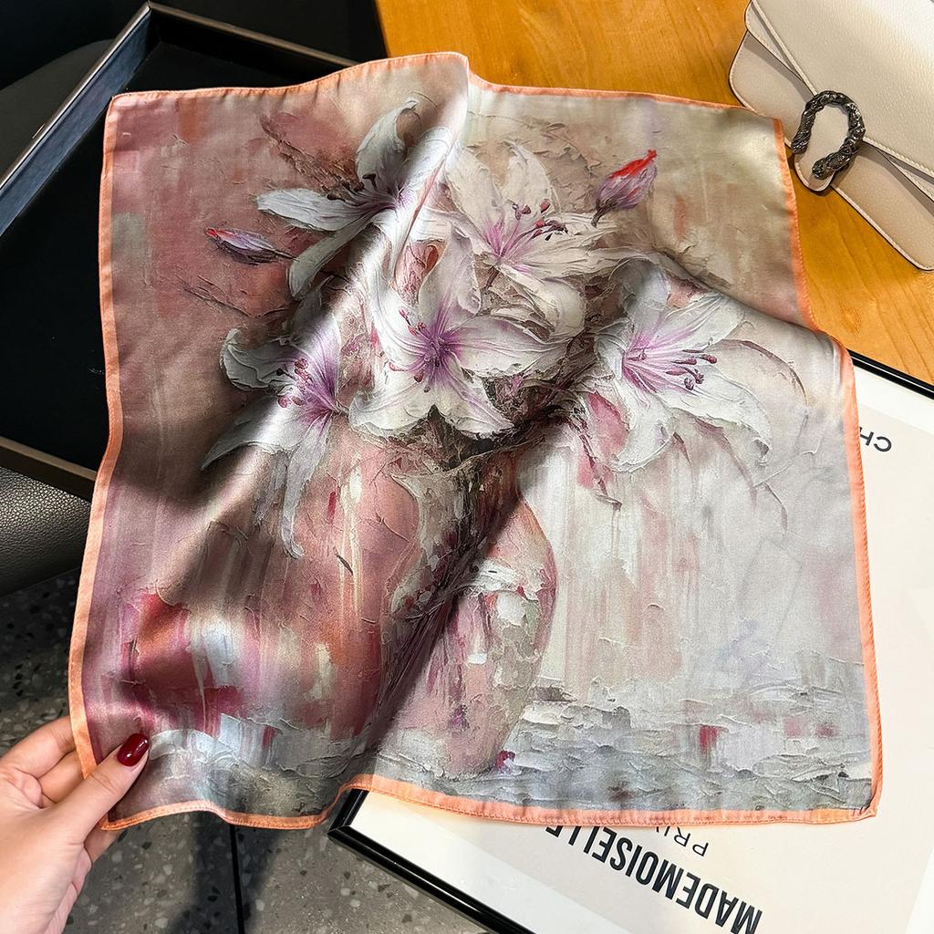 53Cm 100% Real Silk Scarf Square Bandelet Women'S Silk Temperament Small Scarf Neck Decorative Wrap Oil Printed Lavender Scarves