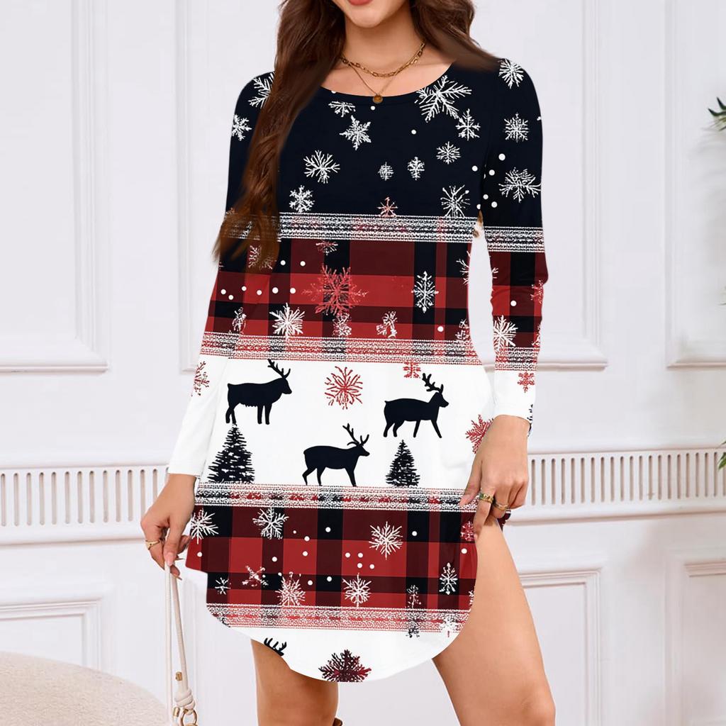 Women's Long-sleeved T-shirt Dress With Round Neck, Knee-length, Loose Fit, Casual And Pockets