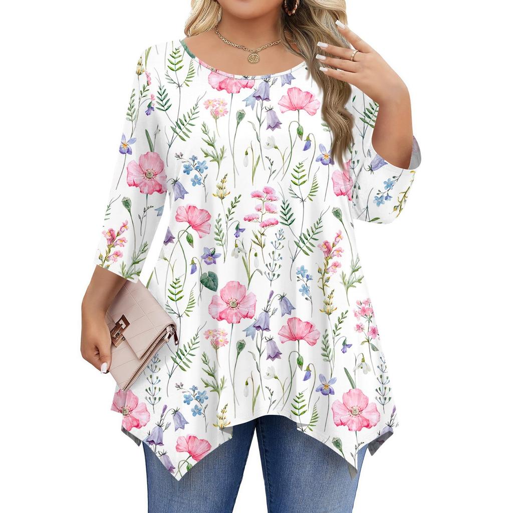 Womens Plus Size 3/4 Sleeve Shirts  Round Neck Tunic Tops Basic Loose Fit Tee Tops L-5XL