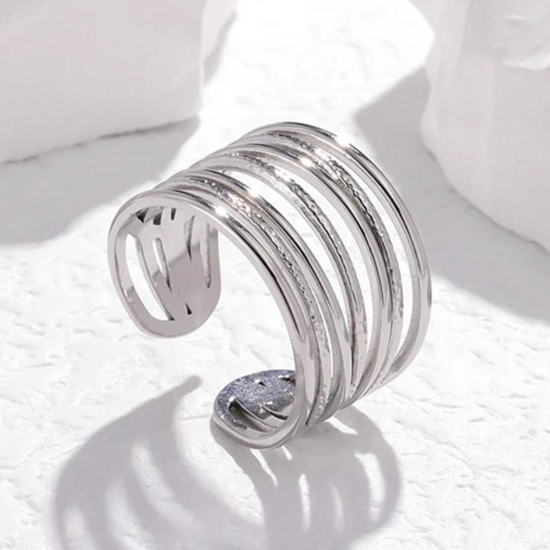 Personality Multilayer Line Opening Wide Rings for Women Men Charm Stainless Steel Hip Hop Rock Finger Jewelry Accessories Gift