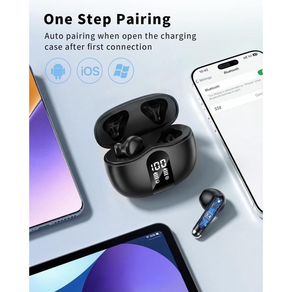 2026 New Bluetooth 5.4 Wireless Earbuds, Deep Bass Stereo In Ear Earphones with Noise Cancelling Mic, LED Digital Display, 50H Playtime IP7 Waterproof