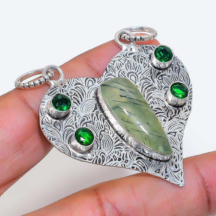Natural Prehnite, Diopside 925 Sterling Silver Jewelry Pendant 2.17" ZS-1273