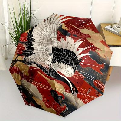 Kranich, Regenschirm im japanischen Stil mit automatischem Öffnen und Schließen, Tragbarer dreifach faltbarer kleiner Regenschirm für Männer und Frauen, Geschenk0725055z