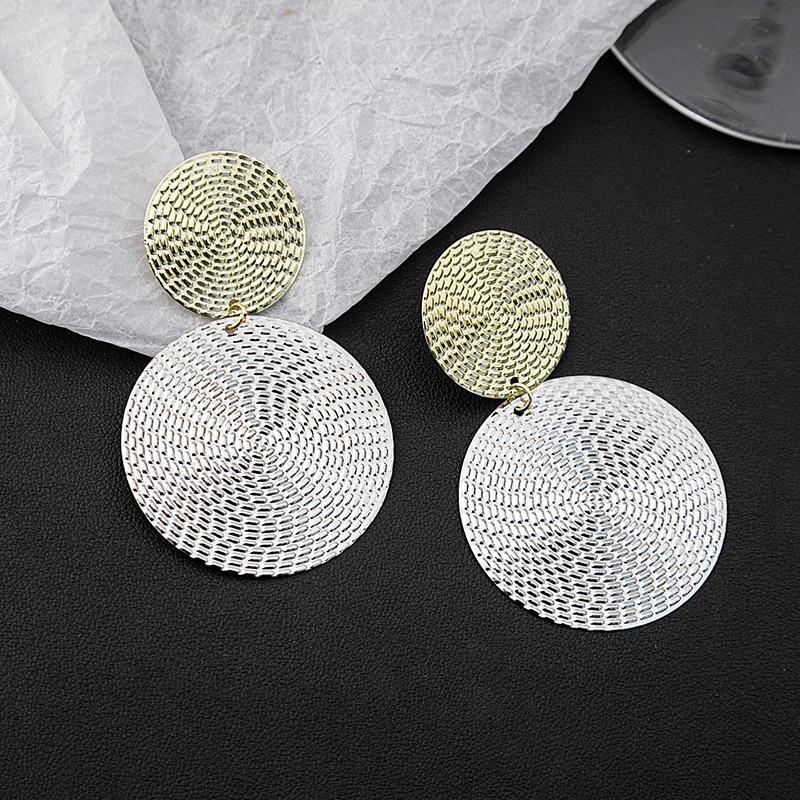 European and American 111 silver needle light luxury exaggerated geometric earrings, temperament round sequins large circle two-color earrings