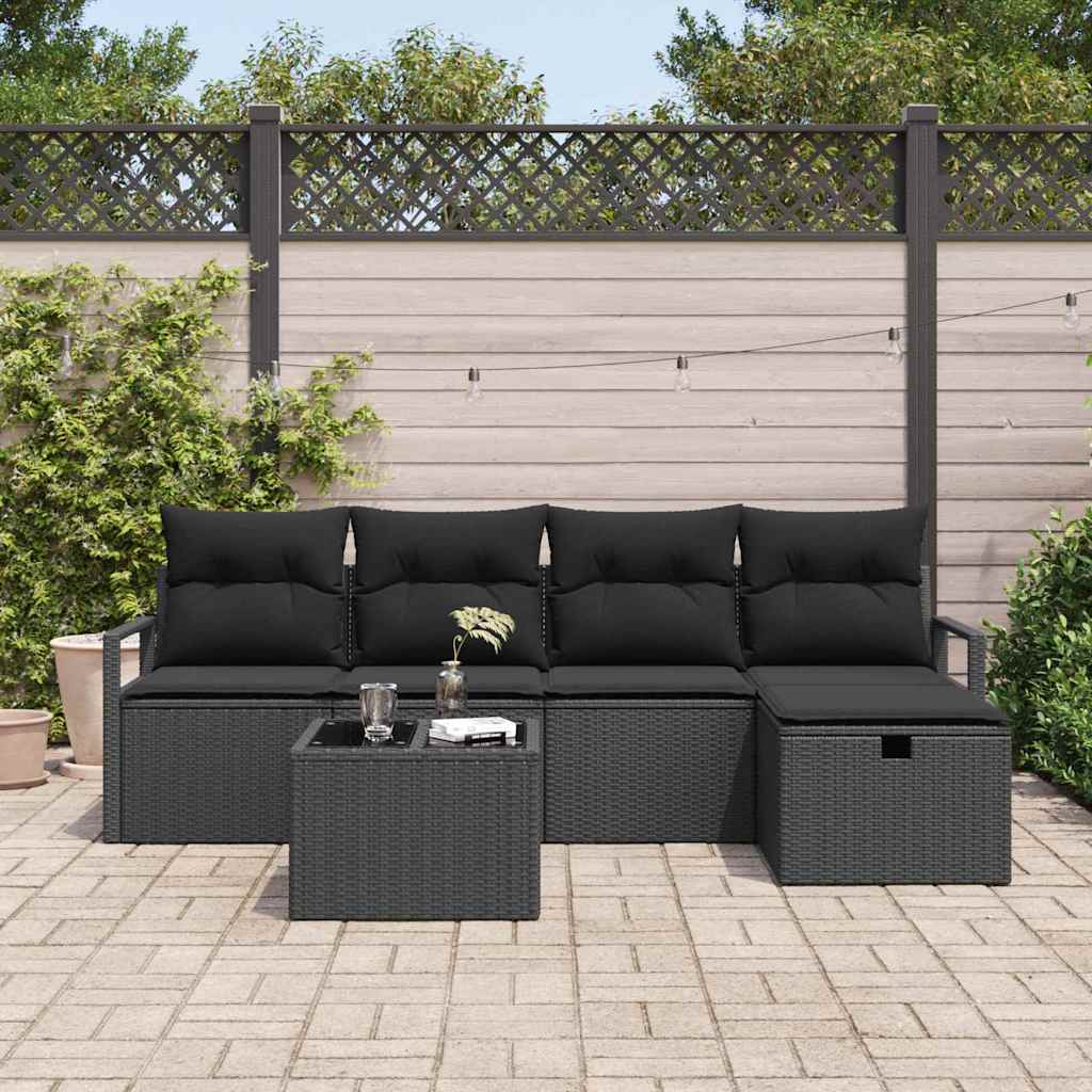 Sofa Set with Cushions and Storage 6 pcs Black Poly Rattan