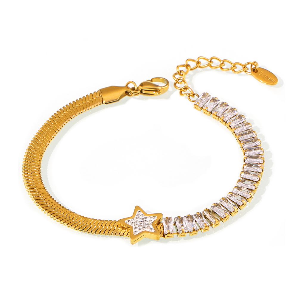Blade Chain Pentagram Spell Rectangular Zircon Bracelet Light Luxury Titanium Steel Plated 18K Gold Jewelry