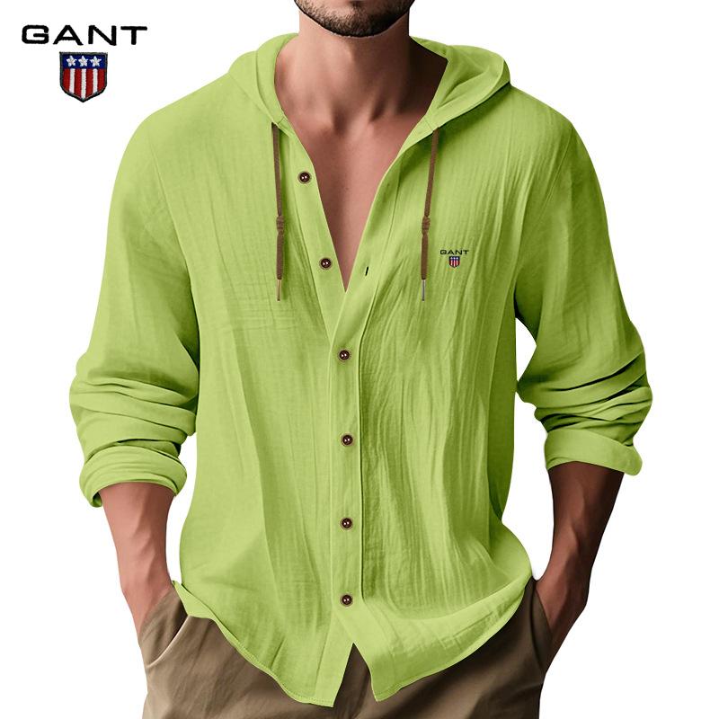 Gant Embroidery Men's Solid Color Casual Long Sleeved Shirt Hooded Drawstring Cotton and Linen Cardigan Trendy Versatile Loose Beach T-shirt