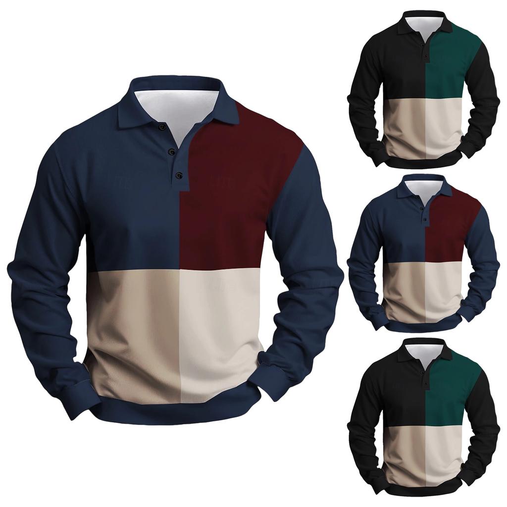 Men's Casual Loose Colorblock Print Lapel Button Long Sleeve Top