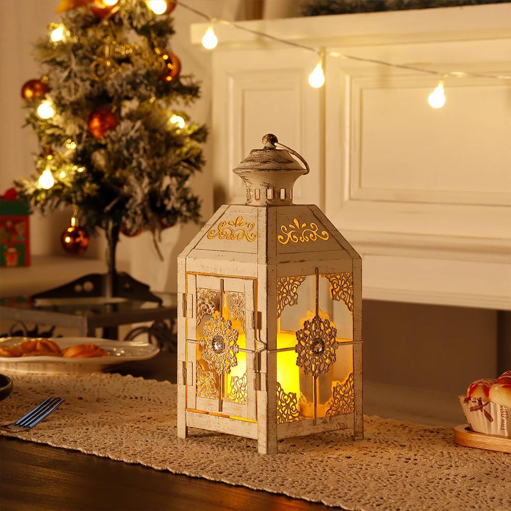 CDecorative Lantern 9.5" High Metal Candle Lantern Vintage Style Hanging Lantern (White with Gold Brush)