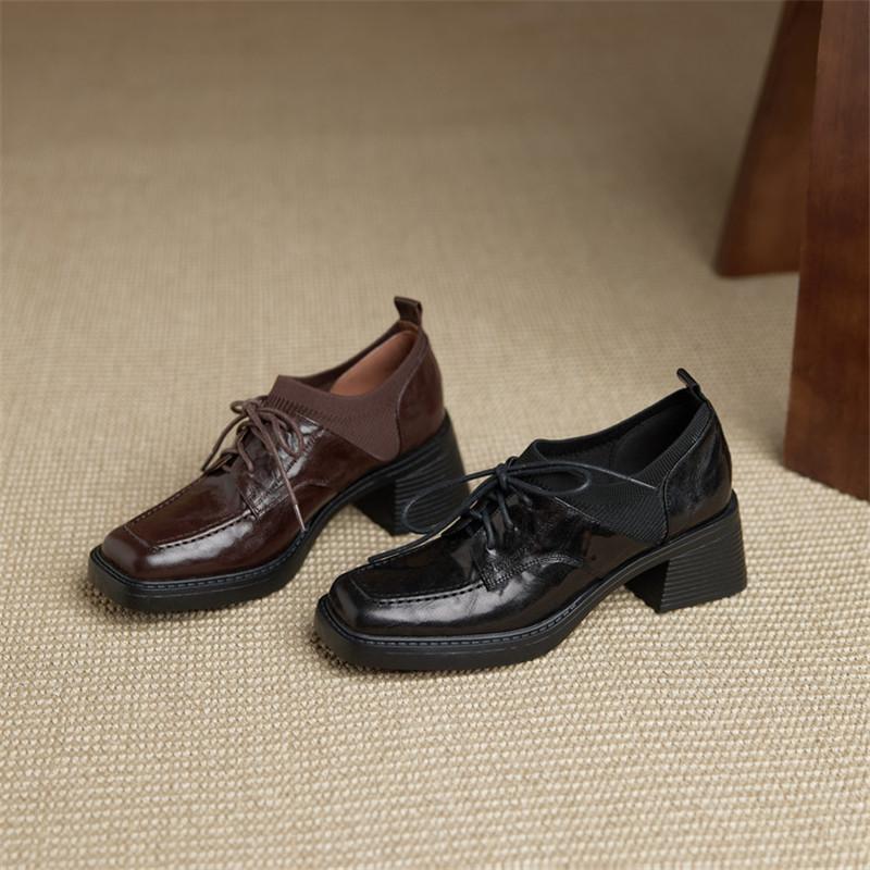 Fashion New Spring/autumn Genuine Leather Women Shoes Square Toe Loafers Shoes for Women Fashion Lace Chunky High Heels Women Pumps