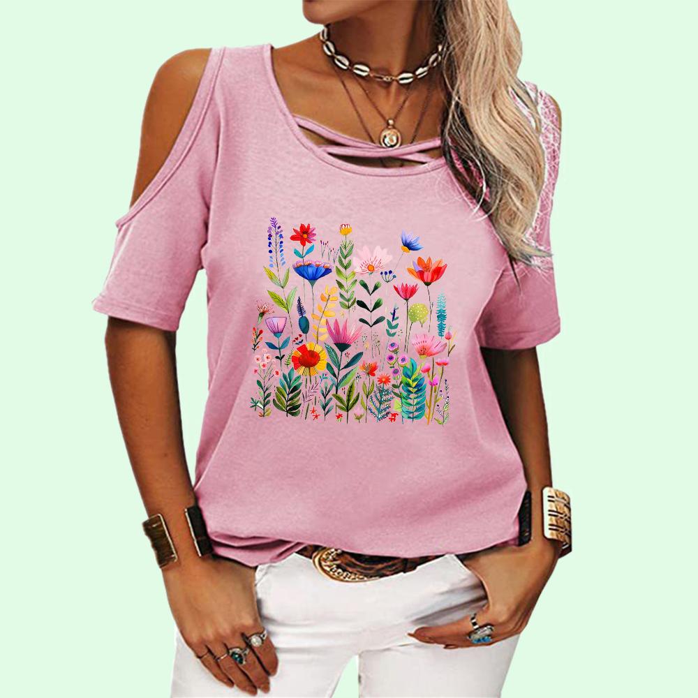 Women Fashion Round Neck Top Summer Off Shoulder Tee Shirt Casual Floral Print Short Sleeve T-shirt