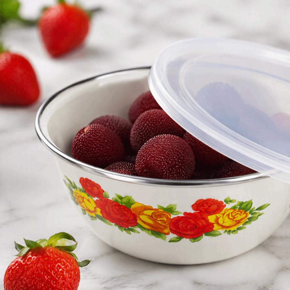 with Lid Enamel Mixing Bowl Chinese Rose Print Instant Noodle Bowl Vintage Enamel Bowl Camping
