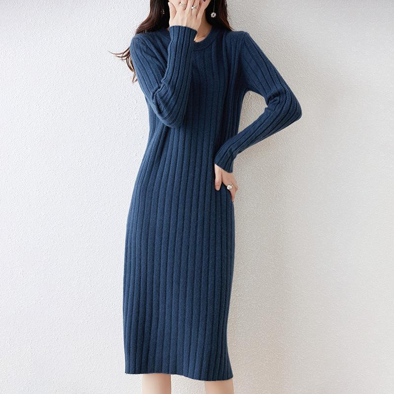 New dress women's autumn and winter long knee sweater skirt slim crew neck knitted bottoming skirt