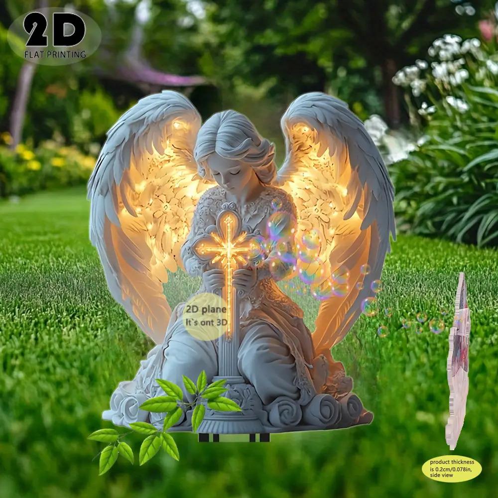 2D Angel Cross Garden Statue Religious Memorial Decor Durable Plastic Lawn Tombstone Mark Christmas Easter Thanksgiving Easy To Install