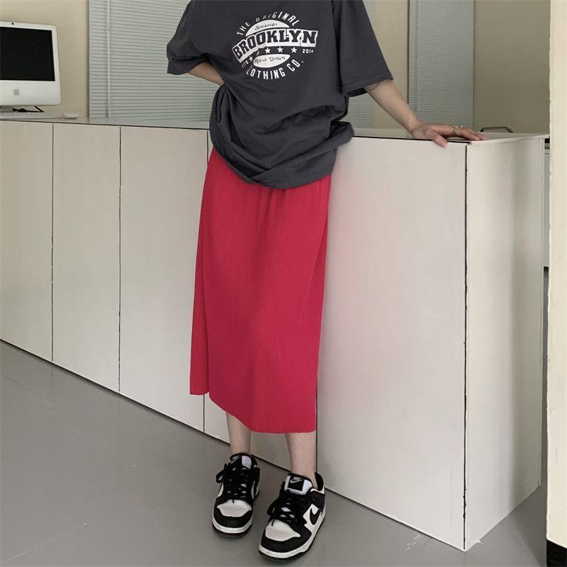 Split A-shaped Skirt Women's Summer Elastic Waist Thin Hip Skirt Medium and Long Drape One-step Straight Skirt